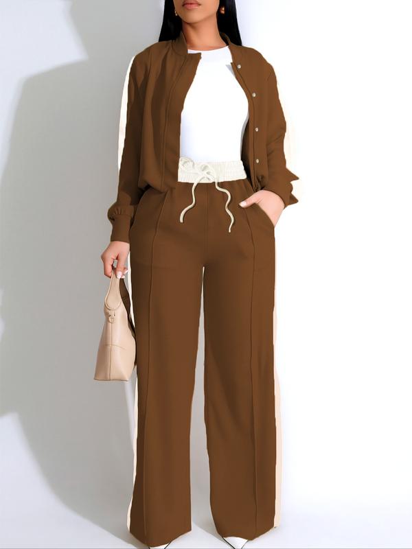 Ensemble deux pièces pour femme avec haut patchwork et pantalon large, ensemble décontracté à manches longues et pantalon pour usage quotidien, vêtements d'été pour femmes
