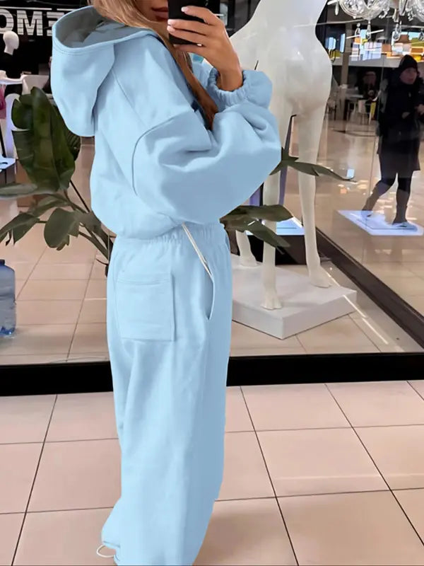 Ensemble ample à capuche avec cordon de serrage taille, couleur unie, style sport décontracté pour femme