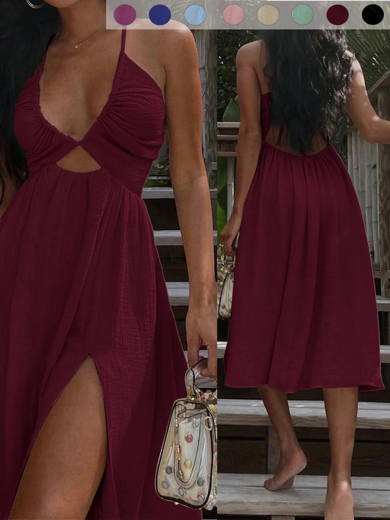 Nouvelle robe d'été sexy cache-cœur à col en V, jupe fendue style plage décontracté, longue robe tendance pour femme, parfaite pour les vacances