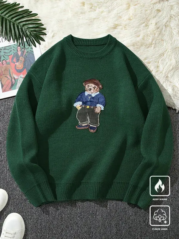 Maglione girocollo unisex con stampa orsetto dei cartoni animati, maglione casual ampio a maniche lunghe per autunno e inverno, maglieria moda da donna per l'uso quotidiano