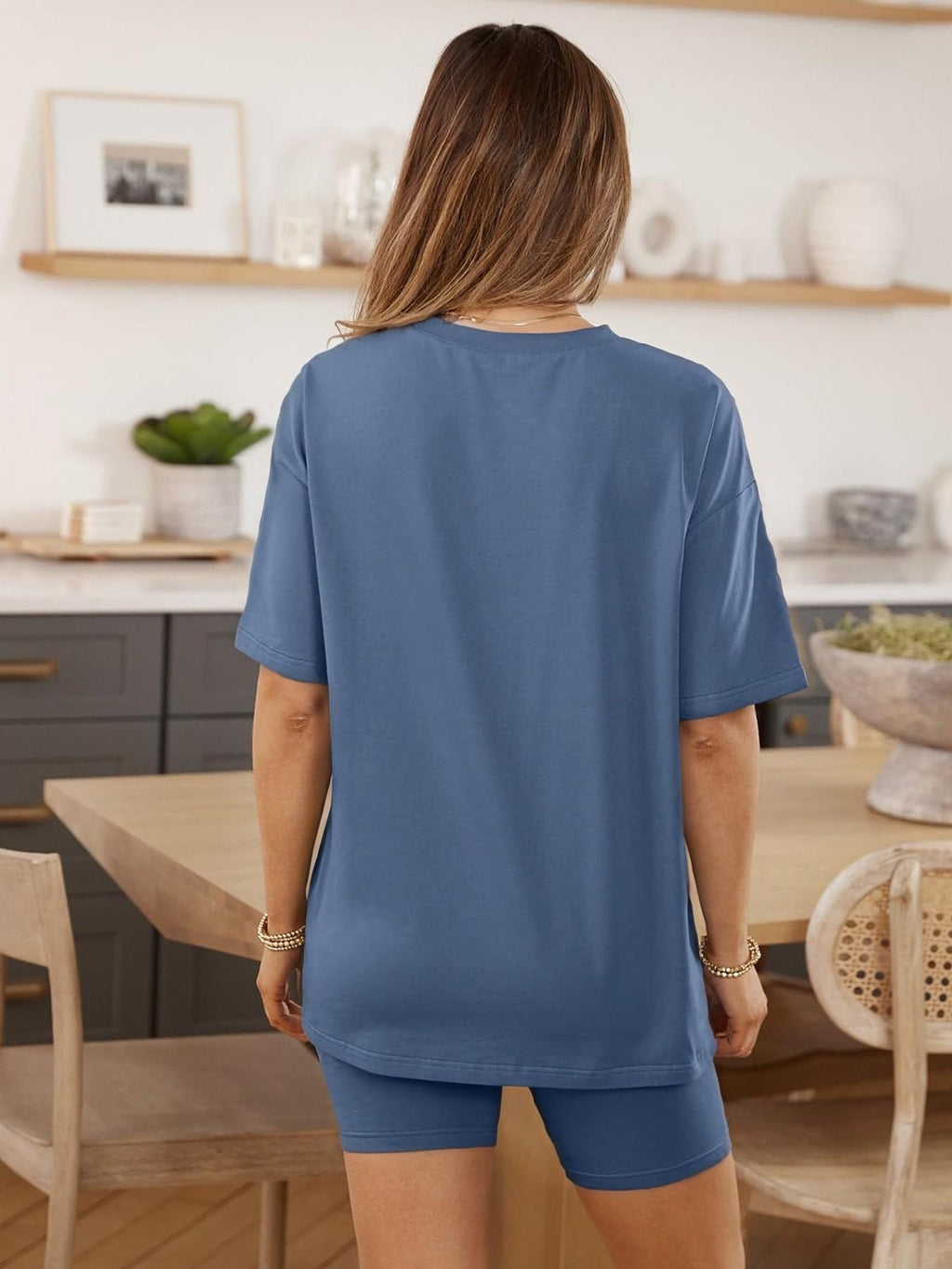 Ensemble T-shirt uni et short moulant pour femme, vêtement de nuit décontracté d'été à col rond, confortable, avec poches, pour l'extérieur