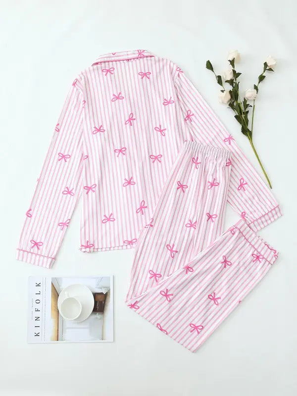 Ensemble deux pièces pour femme, pyjama avec chemise et pantalon imprimé nœuds, décontracté et confortable, haut à manches longues et col à revers avec pantalon, vêtements de nuit pour femme pour le printemps et l'automne