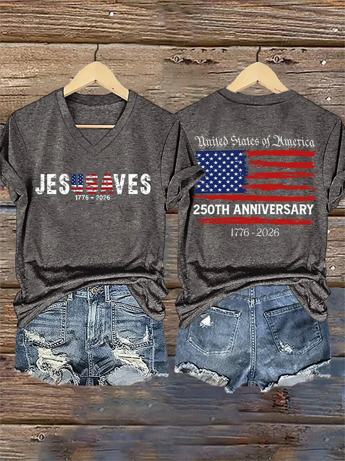 T-shirt con stampa scollo a V retrò "Gesù salva l'America" 250° anniversario 1776-2026