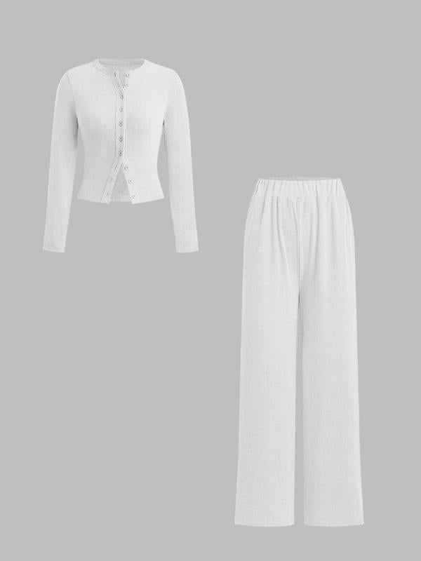 Ensemble deux pièces décontracté femme, haut à manches longues et col rond coupe slim et pantalon, motif uni, tissu modéré, automne-hiver