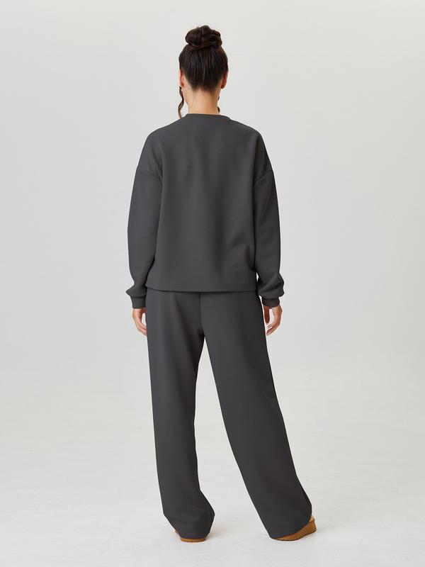 Ensemble décontracté femme, haut ample uni à manches longues et pantalon à surpiqûres apparentes