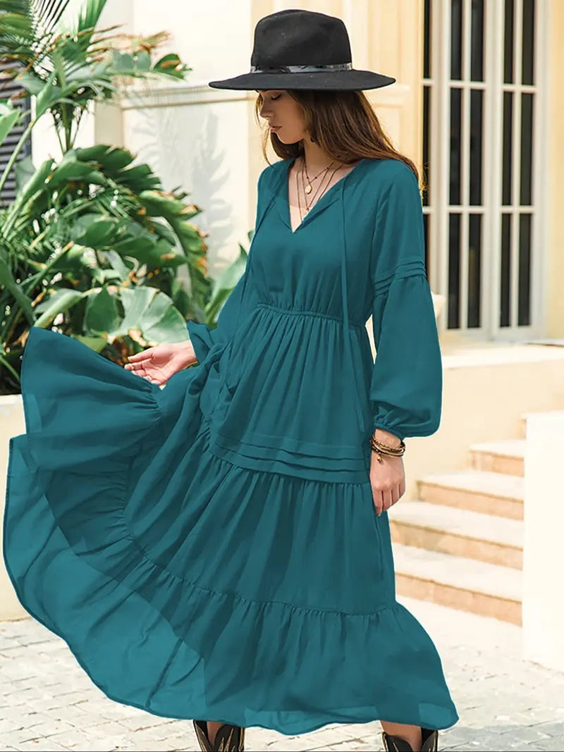 Robe longue trapèze à manches lanternes pour femme, décontractée, printemps et été, en tissu tissé uni, parfaite pour les vacances en plein air