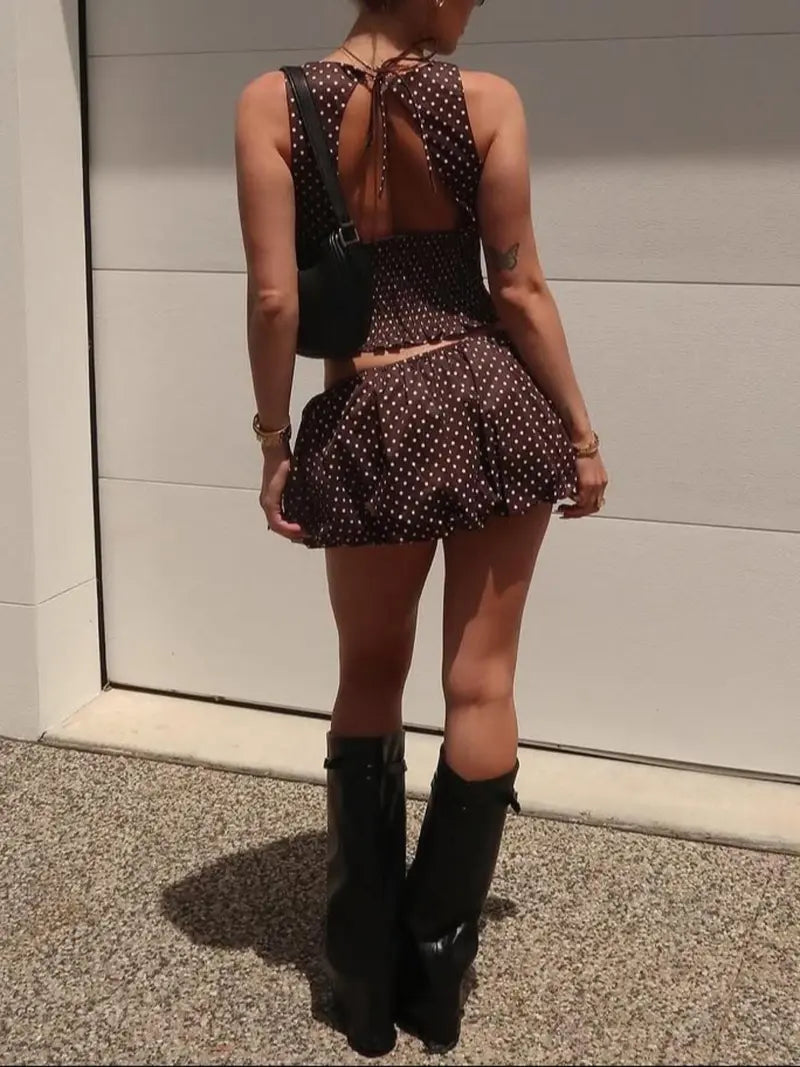 Ensemble deux pièces jupe et crop top à pois pour femme