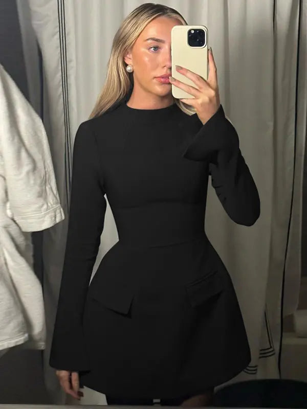 Abito da donna a trapezio tinta unita con maniche a balze e patta, elegante abito corto a maniche lunghe con collo alla coreana per feste, vacanze, invitati a matrimoni, abbigliamento primaverile e autunnale da donna