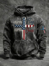 Men's Casual STAND FOR THE FLAG KNEEL FOR THE CROSS Cross Printed Long Sleeve Hooded Sweatshirt