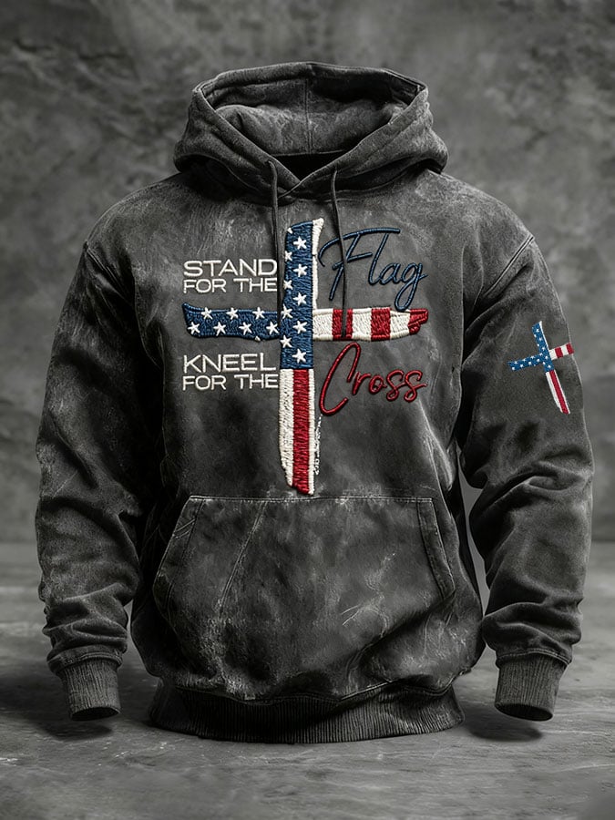 Felpa con cappuccio a maniche lunghe da uomo casual stampata "STAND FOR THE FLAG KNEEL FOR THE CROSS"