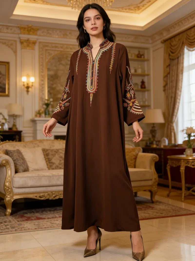 Elegante Abito Lungo Musulmano da Donna con Ricami Colorati, Perfetto per Tutte le Stagioni, Abbigliamento Elegante e Confortevole