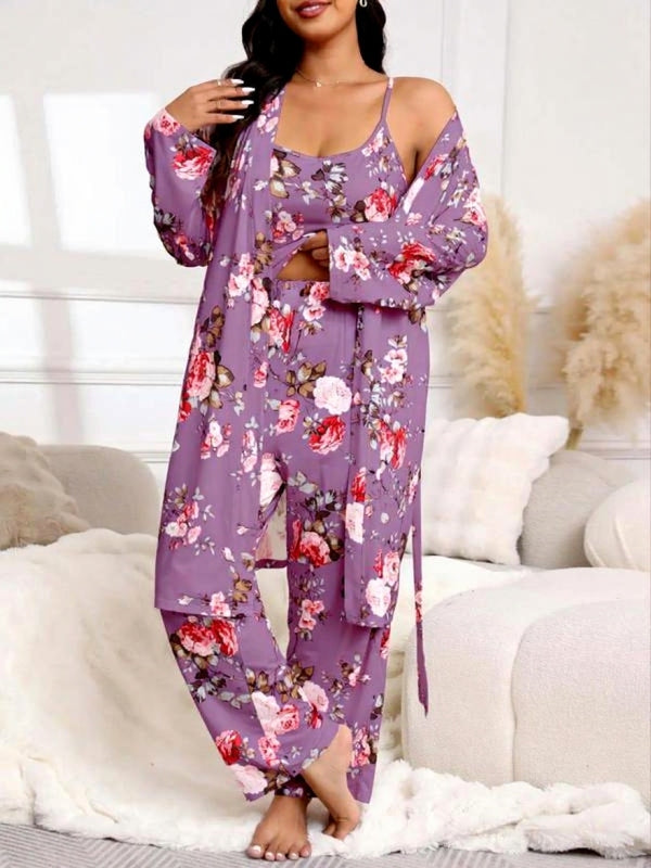 [Grande Taille] Ensemble Trois Pièces Kimono Long Imprimé Fleuri avec Ceinture, Caraco et Pantalon à Taille Élastique
