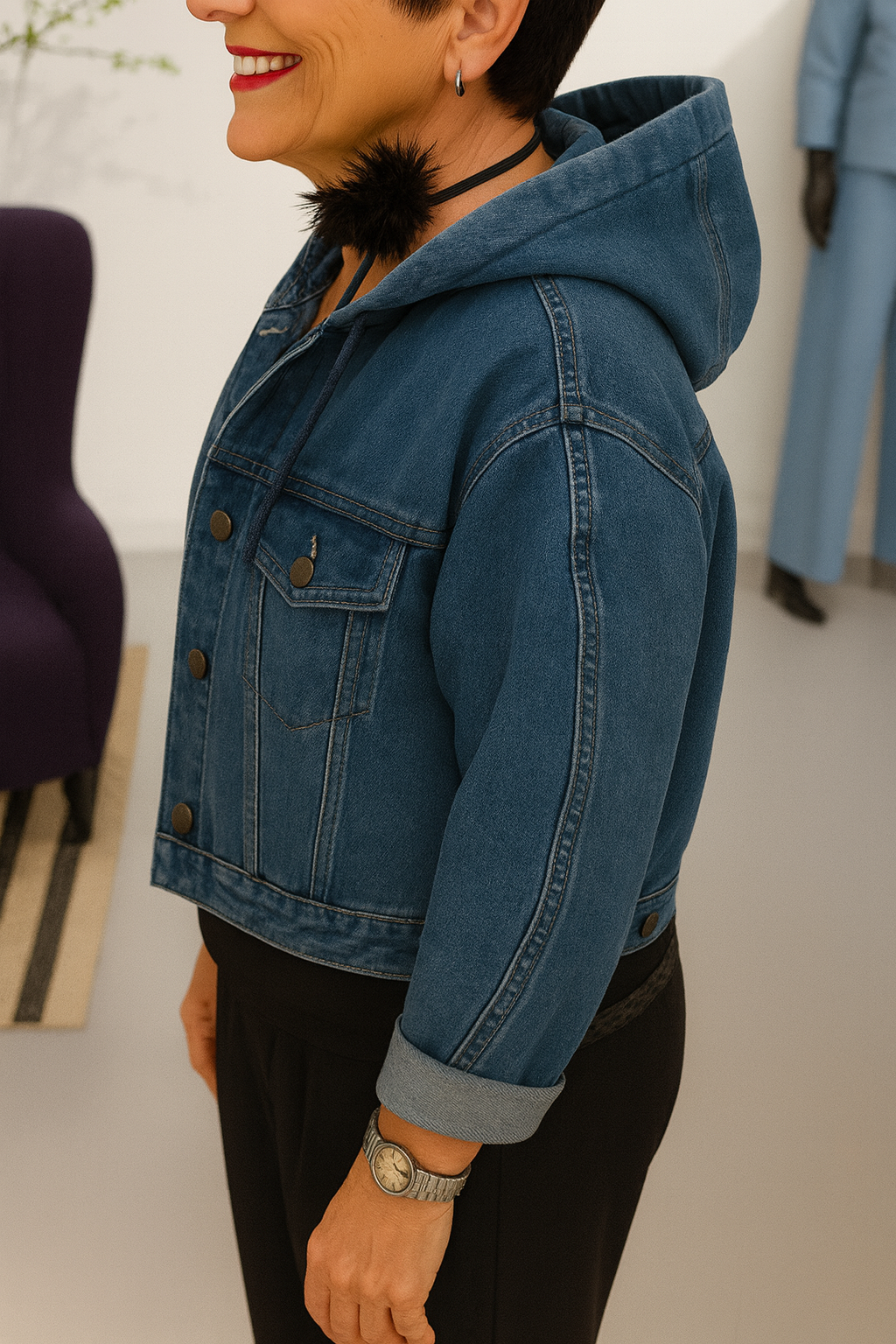 Veste décontractée à capuche en jean épissé à col rond pour femme