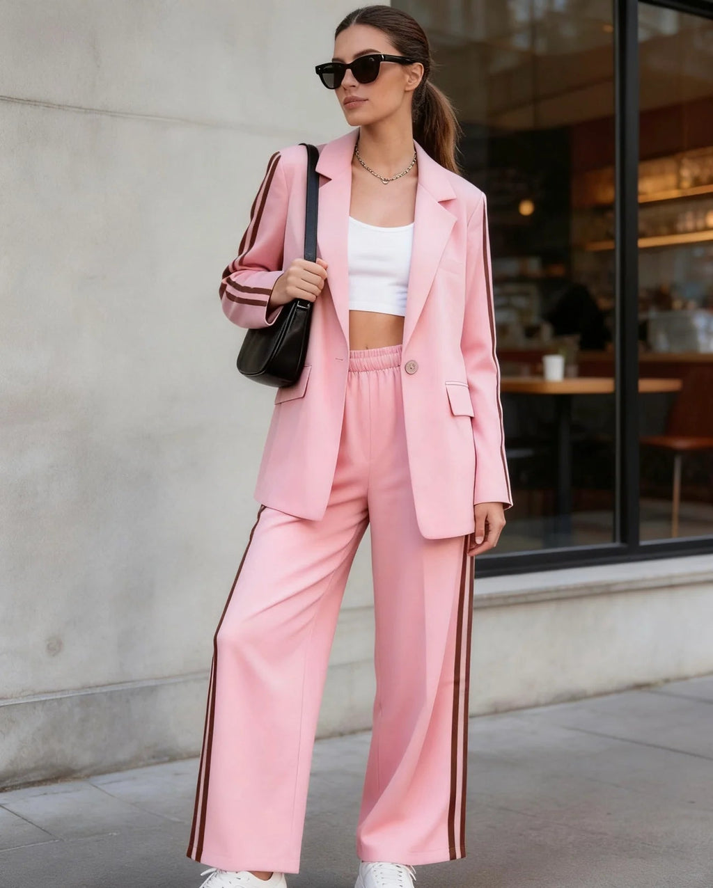Completo Blazer Classico e Pantaloni Spalmato con Bottoni Frontali e Doppia Banda Laterale—Ideale per Look Professionali e Casual