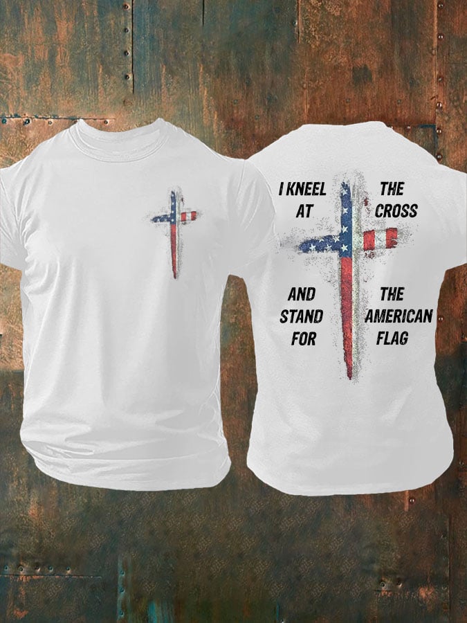 🔥Compra 3 e ottieni il 15% di sconto🔥T-shirt casual da uomo con stampa "Stand For The Flag Kneel For The Cross"