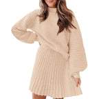 Ensembles 2 Pièces Femme 2025 Pulls Col Montant Manches Longues Côtelés et Mini-Jupe