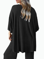 Completo due pezzi da donna tinta unita: t-shirt con spalle scese e pantaloni con elastico in vita