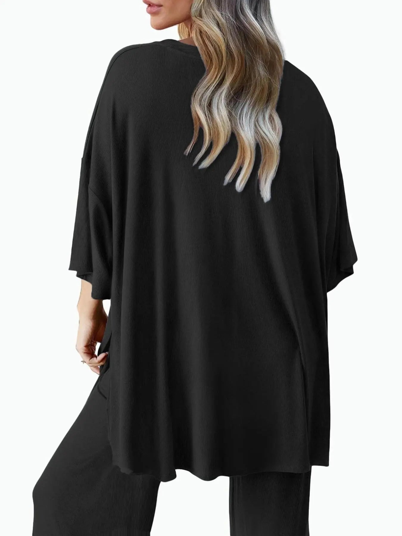 Ensemble deux pièces T-shirt uni à épaules tombantes et pantalon à taille élastique pour femme