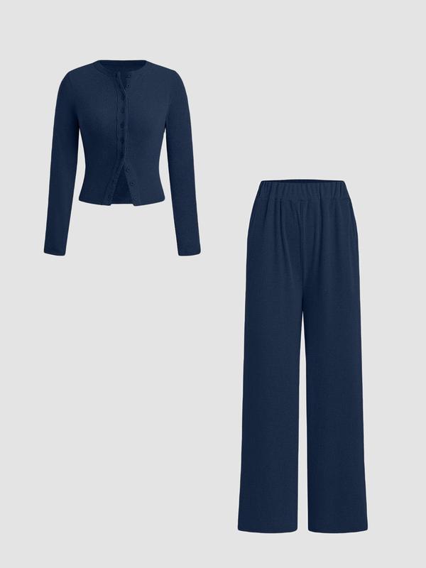 Ensemble deux pièces décontracté femme, haut à manches longues et col rond coupe slim et pantalon, motif uni, tissu modéré, automne-hiver