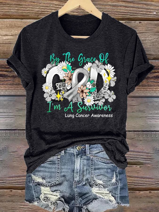 Women'S Casual "By Grace, I Am A Survivor" Lung Cancer Awareness Printed Short-Sleeve T-Shirt