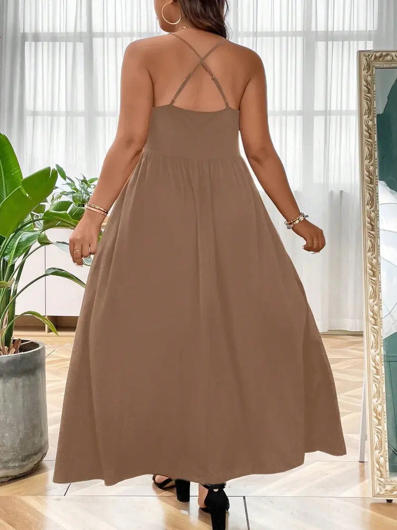Robe Caraco Grande Taille sans Dos et Croisée, Robe trapèze décontractée unie sans manches à fines bretelles pour l'été, Vêtements pour femmes pour fête et vacances