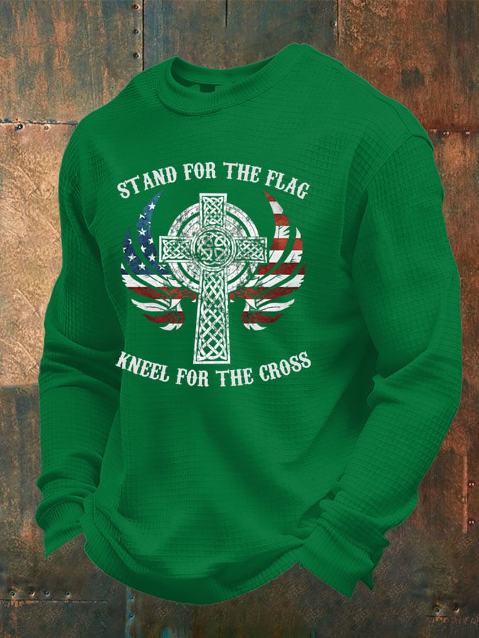 T-shirt a maniche lunghe in waffle da uomo "Stand For The Flag Kneel For The Cross"