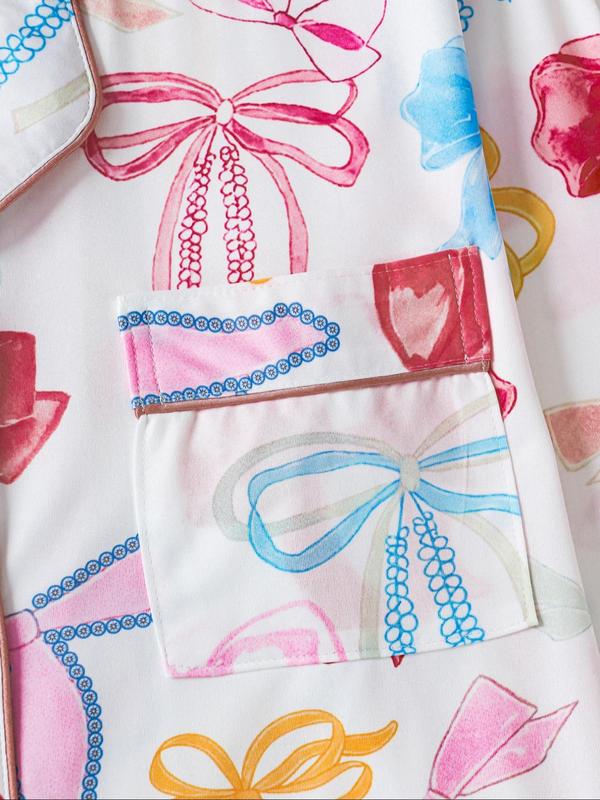 Ensemble deux pièces pyjama femme, chemise imprimée à nœud avec boutons et poches, et pantalon à taille élastique, décontracté et confortable, haut à manches longues et col à revers, et pantalon de pyjama