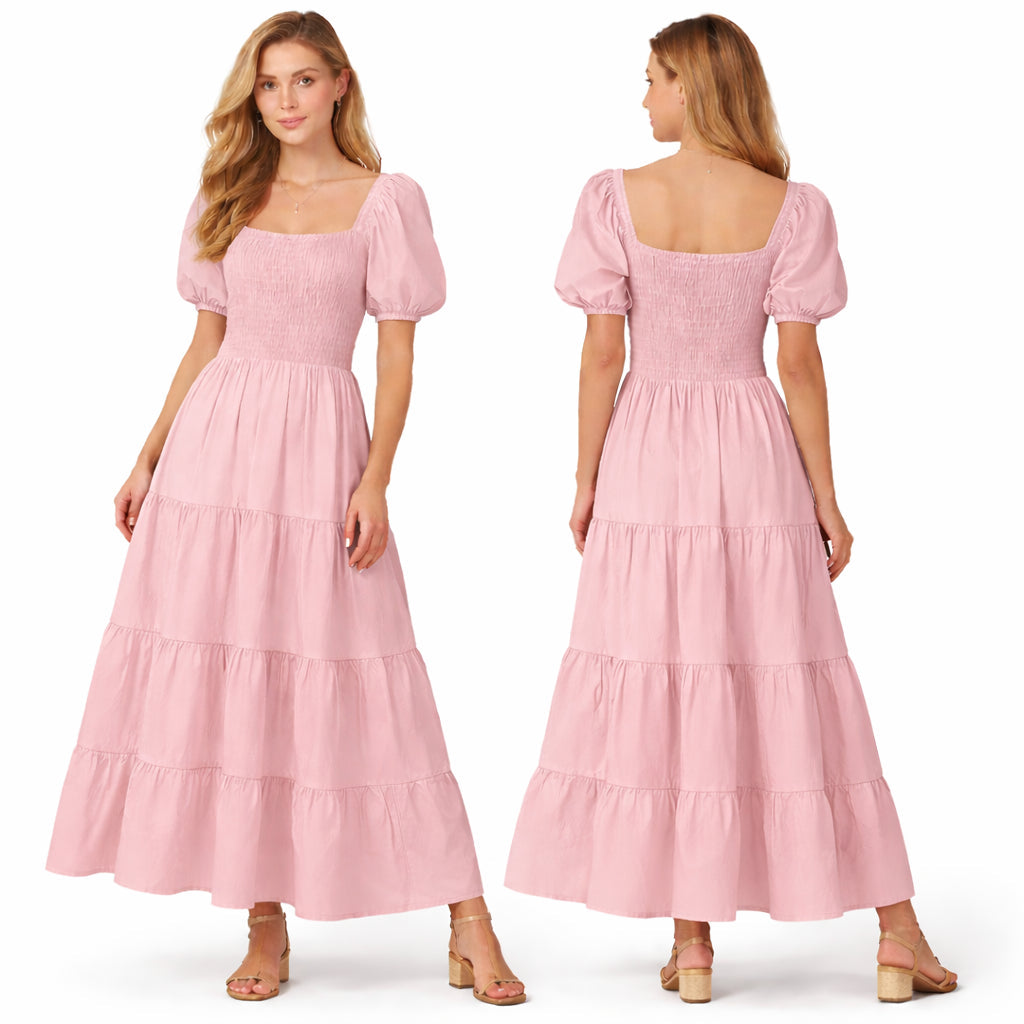 Longue robe smockée pour femme, manches bouffantes, coupe fluide à volants, style élégant pour l'été.