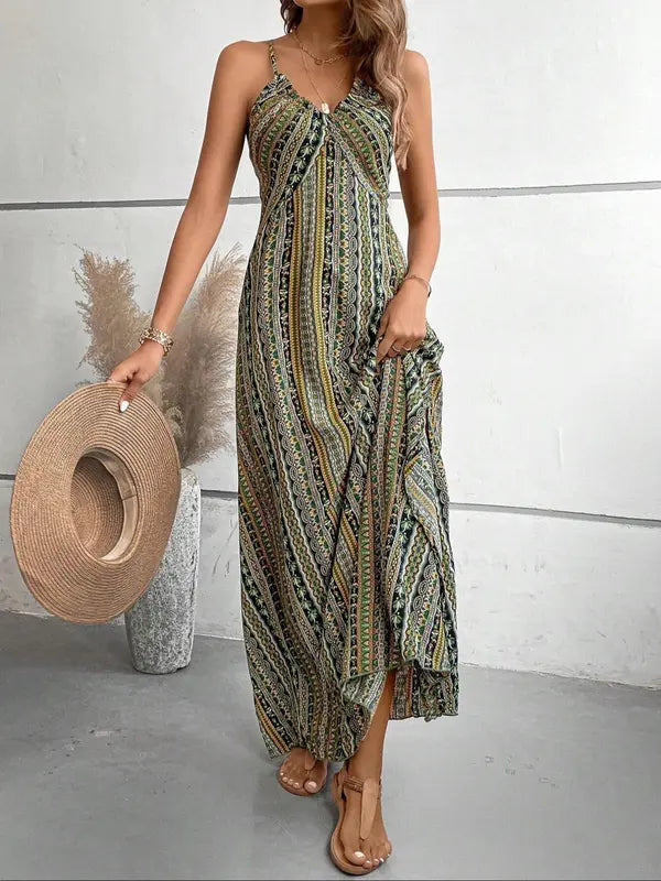 Robe caraco dos nu à imprimé ethnique pour femme
