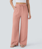 Pantalon ample taille haute en lin avec cordon de serrage et grandes poches