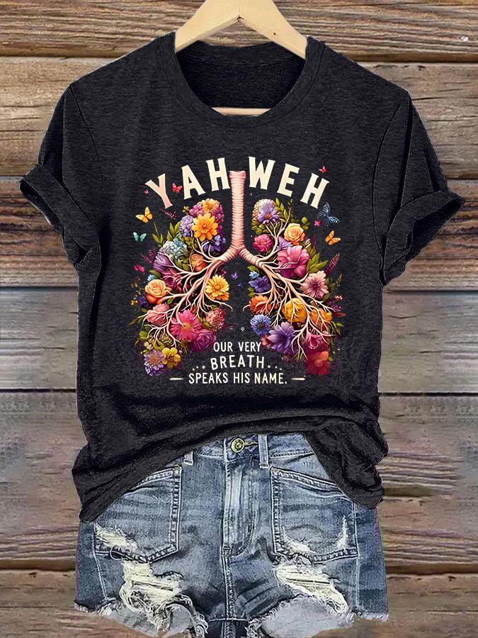 Women'S Casual Short-Sleeve T-Shirt With Lung Cancer Awareness Print "Every Breath Is Connected To Faith"