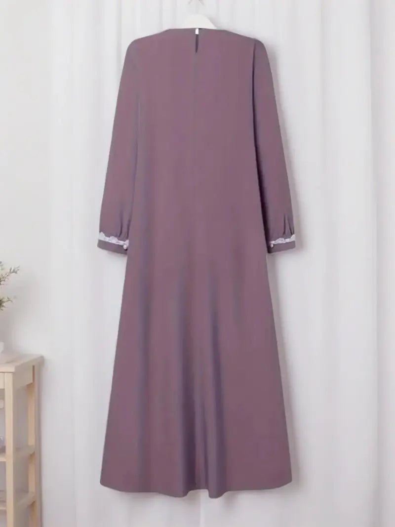 Abito da donna a maniche lunghe, girocollo, tinta unita, casual, stile vestaglia elegante con bordo in pizzo, perfetto per l'uso quotidiano e le occasioni speciali