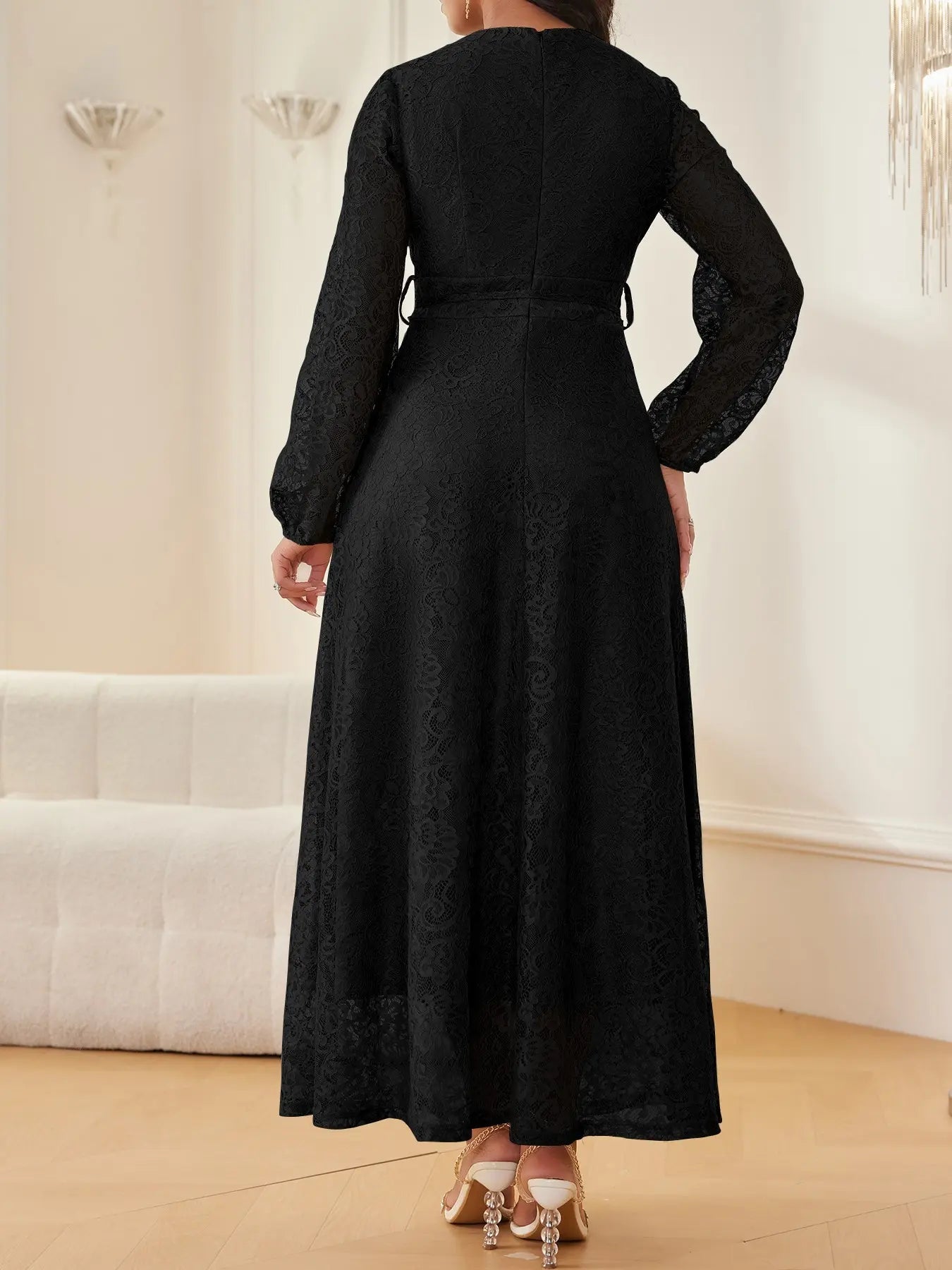 Vestito da donna in pizzo con scollo a V e maniche lunghe, elegante e chic con cintura in vita, vestibilità slim, tinta unita, per matrimoni, serate ed eventi formali, primavera e autunno
