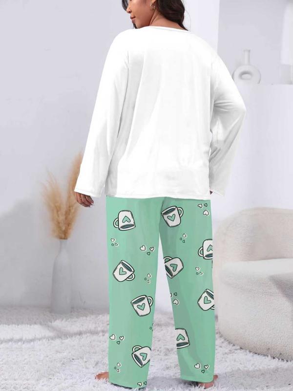 Ensemble de pyjama 2 pièces grande taille confortable avec impression cœur et lettres, haut à manches longues et pantalon, vêtements de nuit décontractés pour toutes les saisons