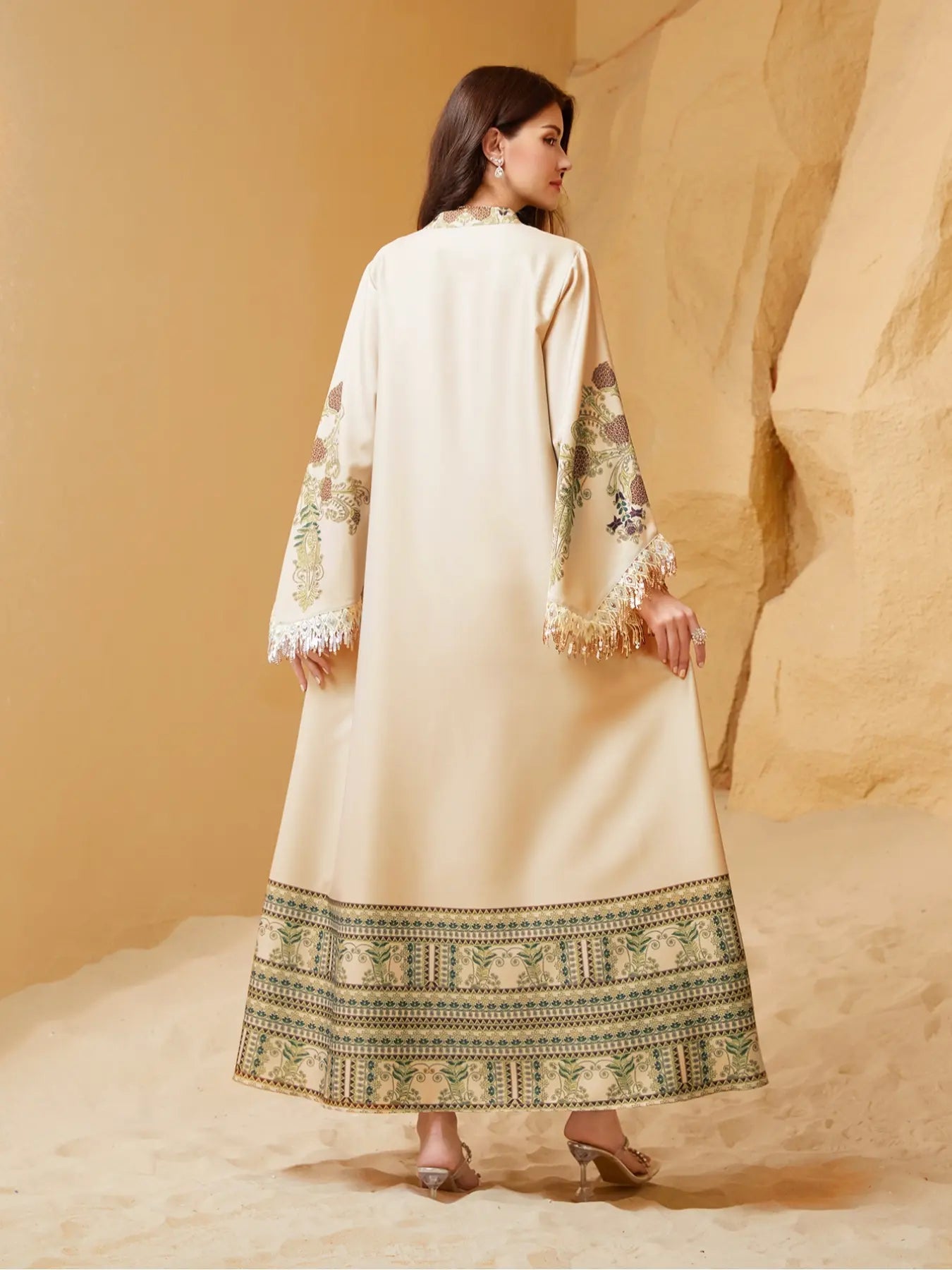 Abito lungo elegante da donna, vestibilità ampia con stampa etnica, design con lacci, adatto a tutte le stagioni, perfetto per serate ed eventi speciali