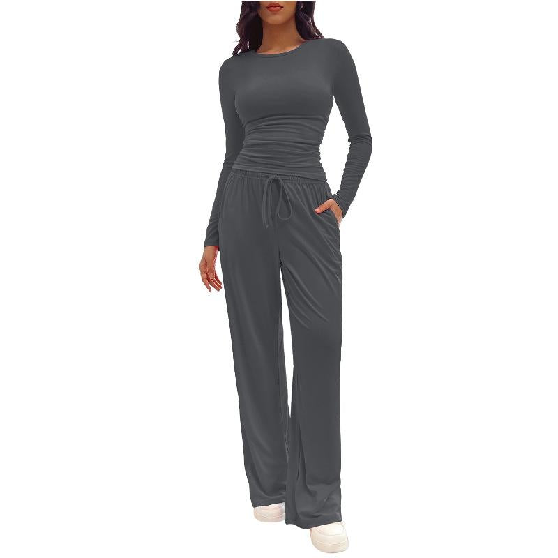 Completo da Casa da Donna Tinta Unita con Arricciature e Coulisse, Top Casual a Maniche Lunghe con Scollo Rotondo e Pantaloni a Gamba Larga con Tasche, Pigiama da Donna per Tutte le Stagioni