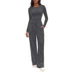 Completo da Casa da Donna Tinta Unita con Arricciature e Coulisse, Top Casual a Maniche Lunghe con Scollo Rotondo e Pantaloni a Gamba Larga con Tasche, Pigiama da Donna per Tutte le Stagioni