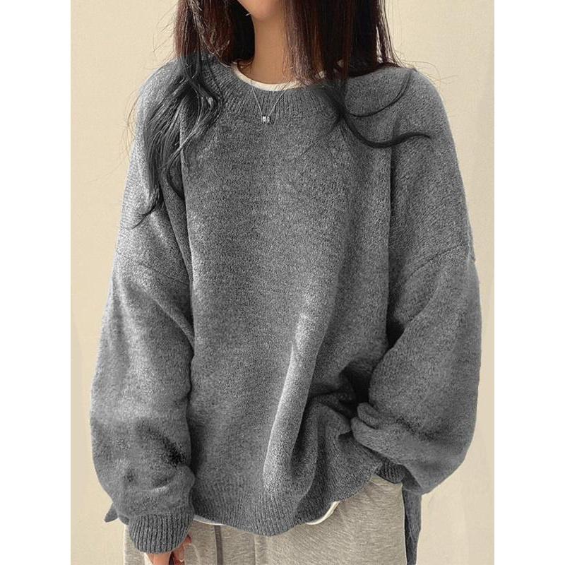 Pull femme à épaules tombantes et ourlet fendu, Pull décontracté à manches longues et col rond, Haut tricoté pour femme pour l'automne et l'hiver, Pulls pour femme