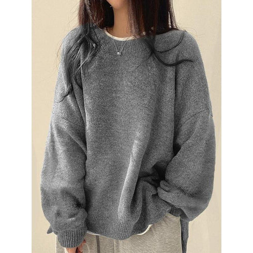 Pull femme à épaules tombantes et ourlet fendu, Pull décontracté à manches longues et col rond, Haut tricoté pour femme pour l'automne et l'hiver, Pulls pour femme