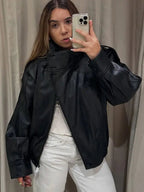 Giacca in Ecopelle Nera Collo Coreana Oversize Stile Moto Biker Orlo Elasticizzato Streetwear Casual Maniche Lunghe Impermeabile Antivento Capispalla per Primavera & Autunno, Abbigliamento Donna per Tutti i Giorni