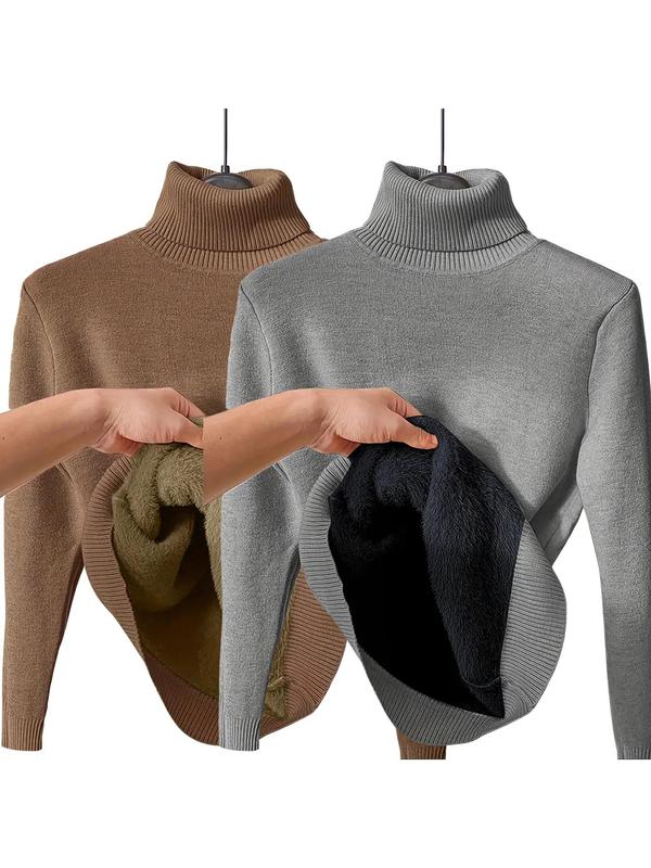 Pull en tricot uni doublé thermiquement à épaules tombantes et col montant pour femmes, pull décontracté à manches longues pour le quotidien en extérieur, haut en tricot pour femmes pour l'automne et l'hiver.