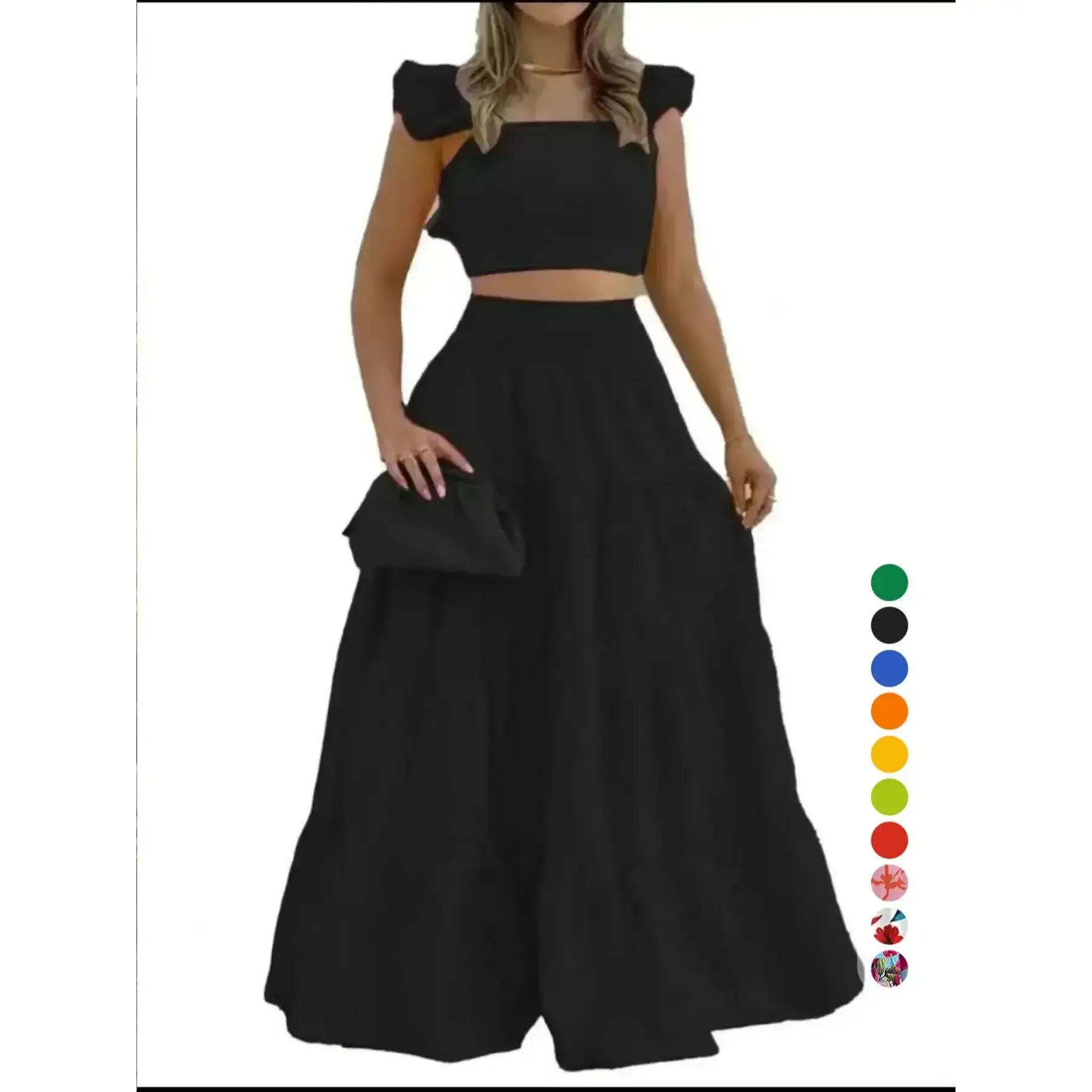 Ensemble deux pièces jupe longue et haut froncé couleur unie / imprimé floral pour femme, tenue décontractée bohème haut et jupe pour les vacances quotidiennes, pour femmes, pour l'été