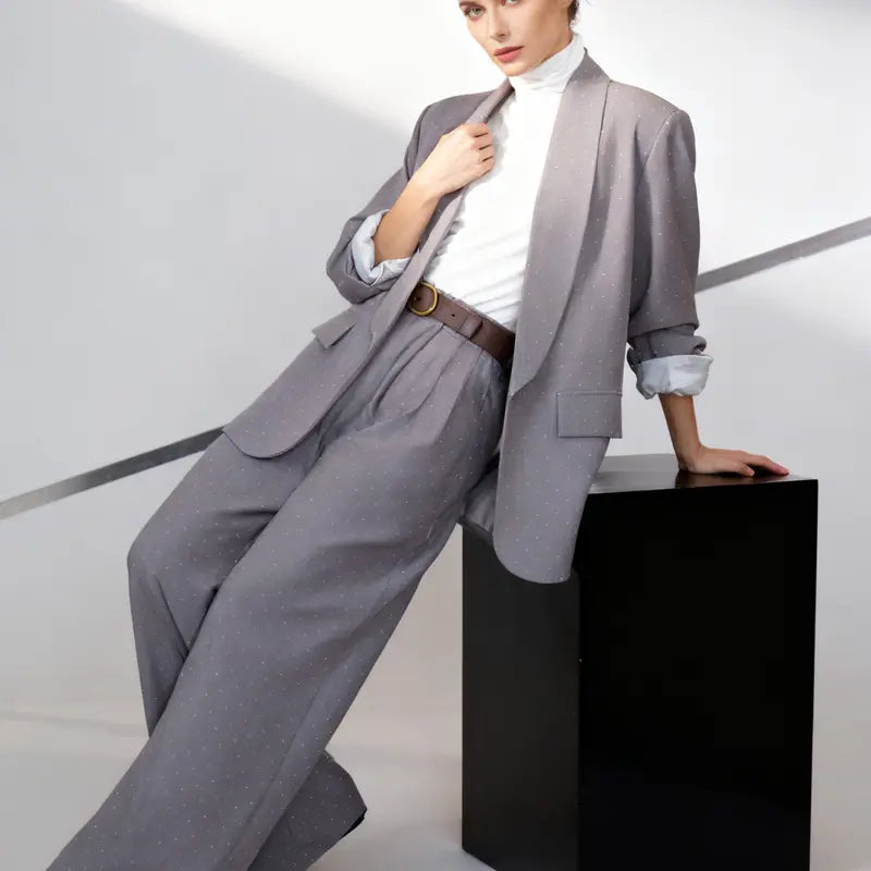 Completo Giacca e Pantaloni con Micro Paillettes, Set 2 pezzi con cintura, Taglia Unica Donna, Elegante e Versatile
