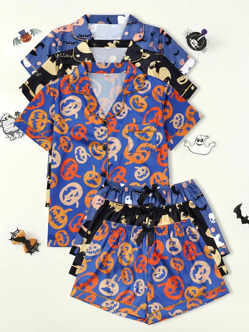 Ensemble de pyjama pour femme de couleur unie avec nœud contrastant, chemise à manches courtes boutonnée avec col à revers et short, pyjama d'été pour femme et vêtements de détente