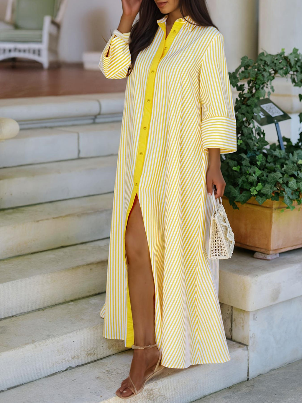 Elegante Abito Camicia Donna Sciolto a Righe con Colletto e Bottoni sul Davanti