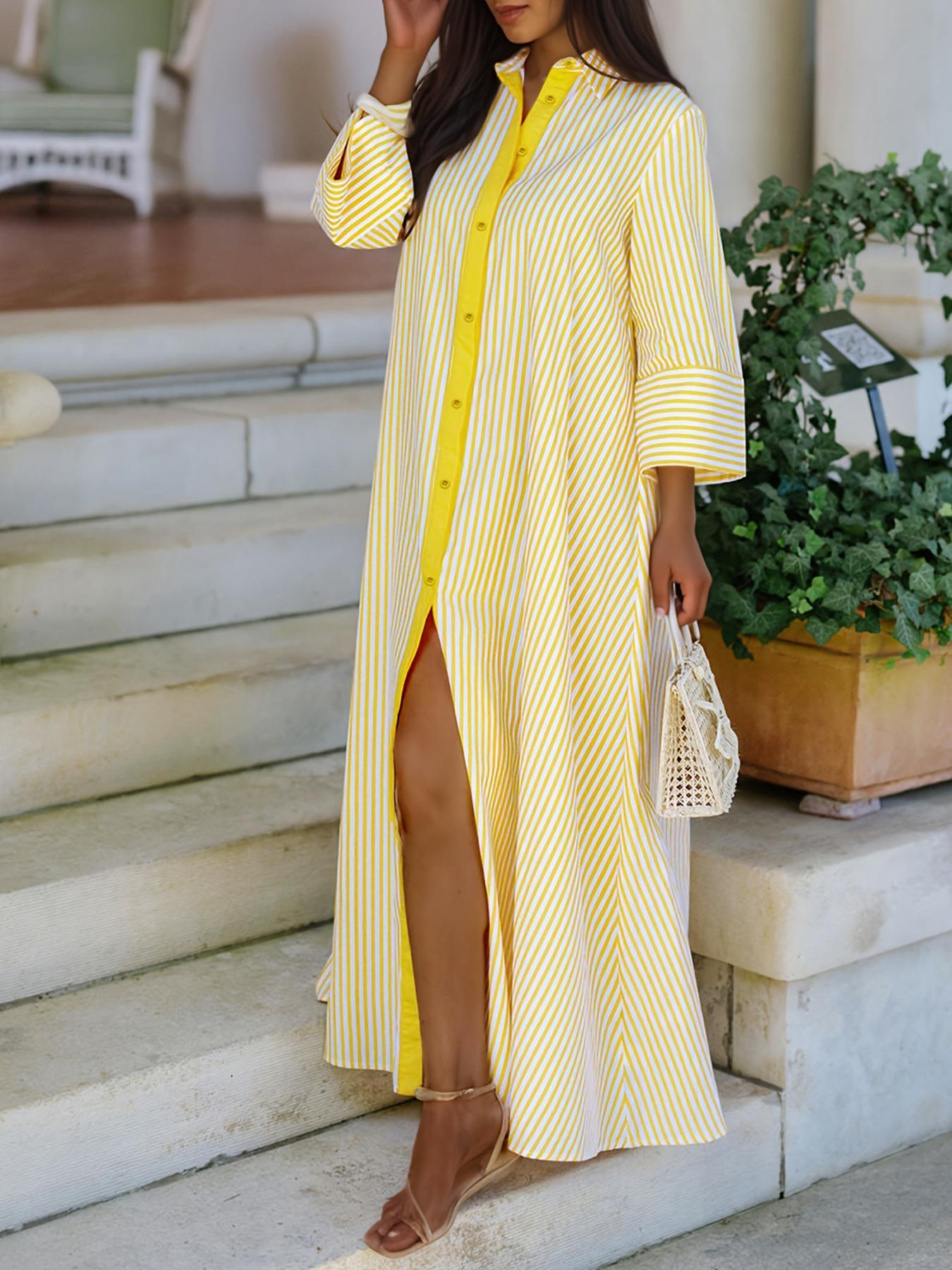 Robe Chemise Rayée Col et Boutonnage Décontractée Élégante pour Femme