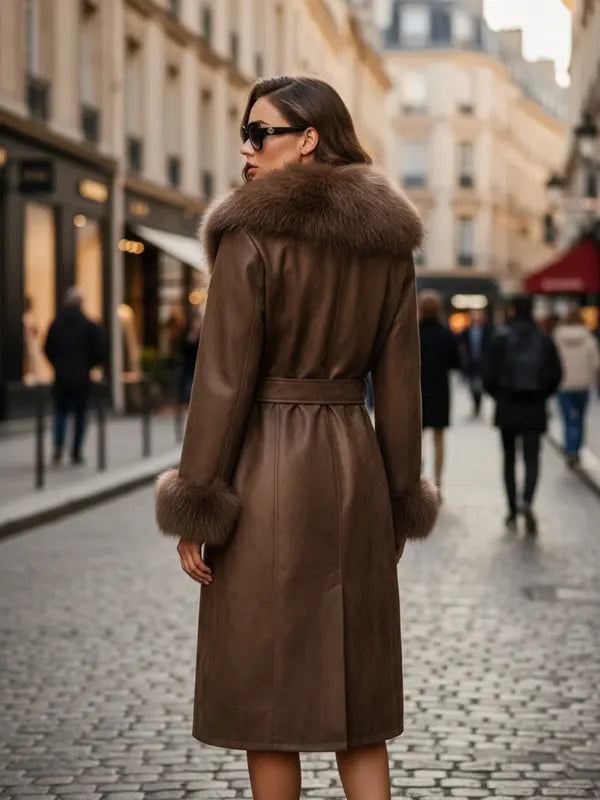 Veste longue femme automne hiver coupe-vent imperméable, col confortable en fausse fourrure, cuir PU épais, coupe ajustée avec ceinture