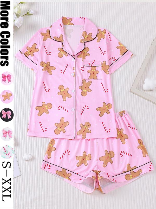 Ensemble pyjama de Noël pour femme, imprimé biscuits de Père Noël, haut boutonnée à manches courtes et short élastique, vêtements de nuit décontractés toutes saisons, pyjama de Noël, vêtements d'intérieur