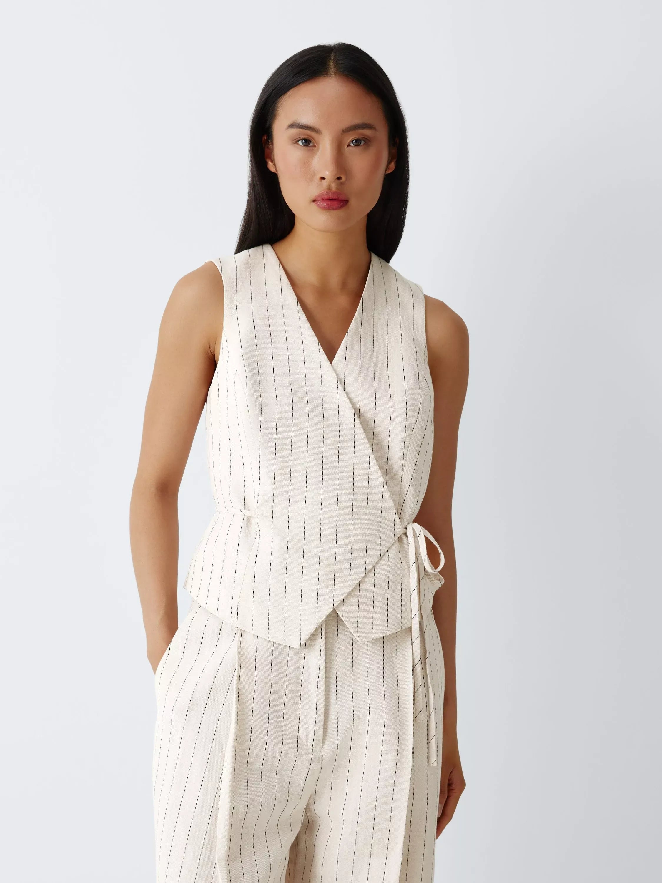 Ensemble 2 pièces pour femme (débardeur sans manches rayé ou uni et pantalon large taille haute)