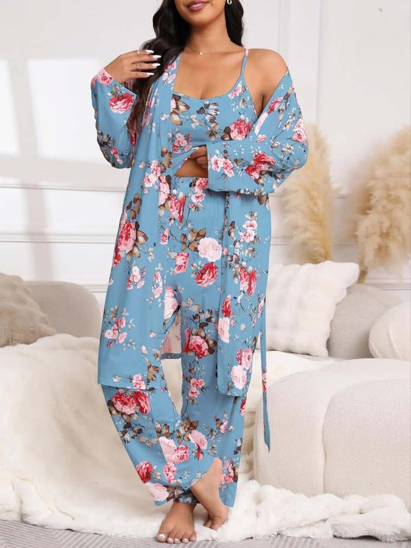 [Grande Taille] Ensemble Trois Pièces Kimono Long Imprimé Fleuri avec Ceinture, Caraco et Pantalon à Taille Élastique